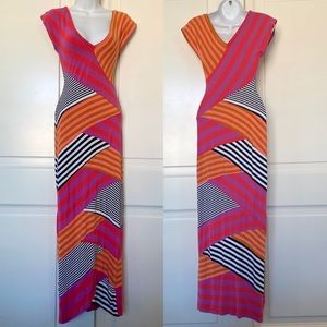 Y2K Nicole Miller ‘Daryn’ Bodycon Orange Stripe Stretch Maxi Long Slip Dress